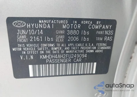 2015 Hyundai Elantra Sport z USA, uszkodzony, nr VIN KMHDH4AH2FU249094